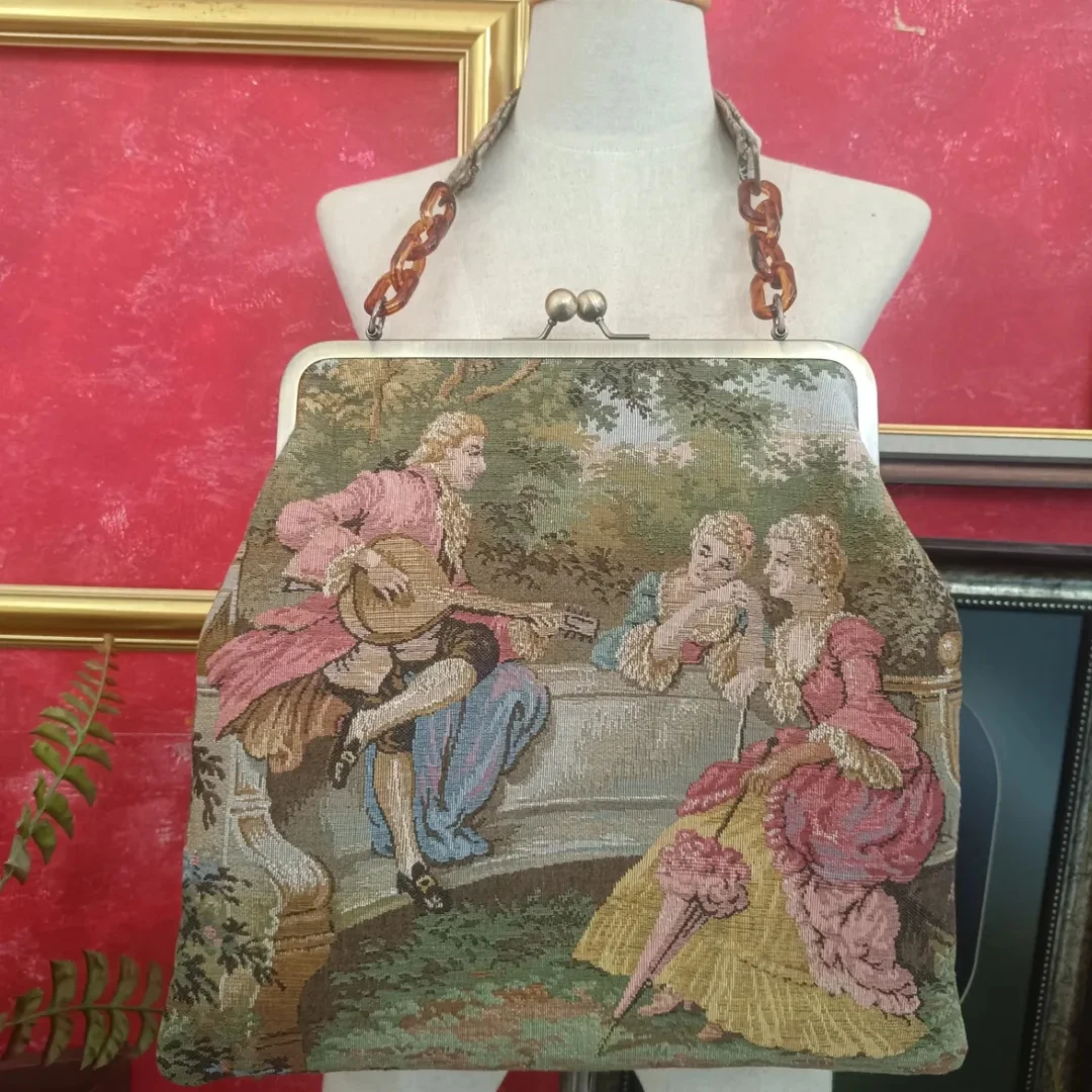 

Lost in Vinatge France Tapestry Bag 1950’s Jacquard Needlepoint Embroidered Flowe Hawksbill Resin Handle Handbag Plus Clutch