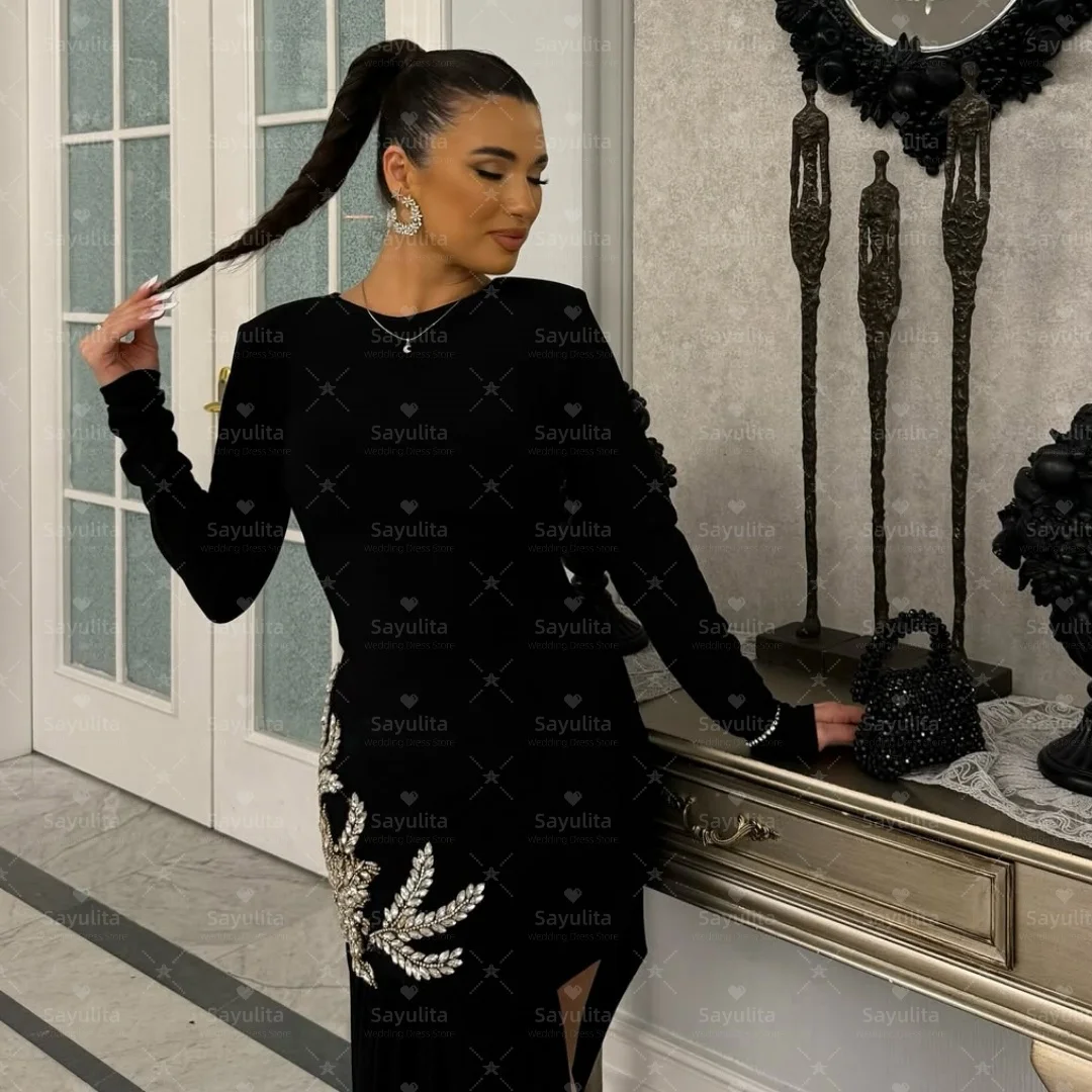 

Sayulita Black Prom Dresses Jewel Neck Long Sleeves Evening Gowns Crystals Side Slit فستان سهرة نسائي Customized