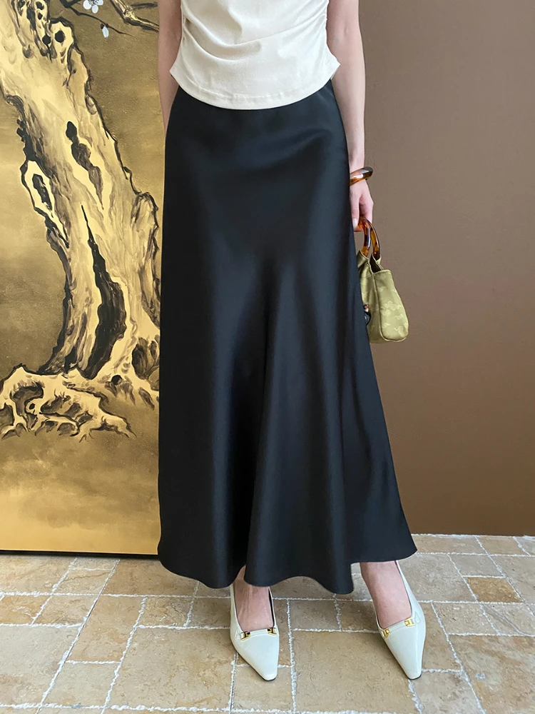 Satijnen Hoge Taille Damesrok Mode-Temperament Elegante Lange Rok Voor Dames Zomer Slanke Elastische Taille Zwarte Fishtail Rok