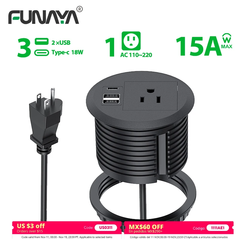 

US Built-in Desktop Socket with USB 18W-Power Grommet Office Desk Surface Mount Power Sockets Embedded-Desk Electrical Outlet