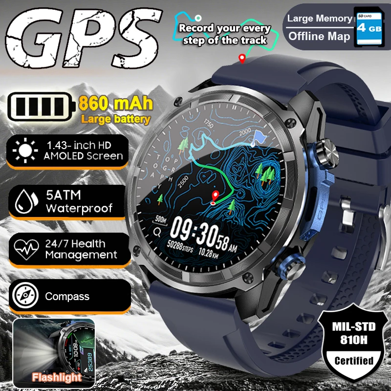 

NEW 2025 GPS Smart Watch with Offline Maps 4GB Memory Video Player Military Sports Smartwatch Men 30m Swimming Waterproof AMOLED