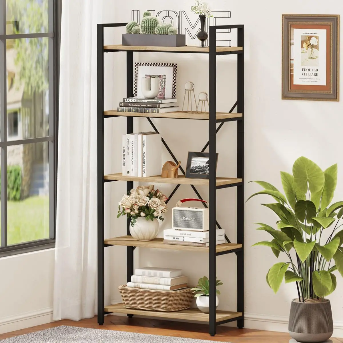 5 Tier Bookshelf, Industrial Wood and Metal Book Shelves for Display Tall Etagere Bookcase and Rustic Shelving Unit (Rustic Oak)