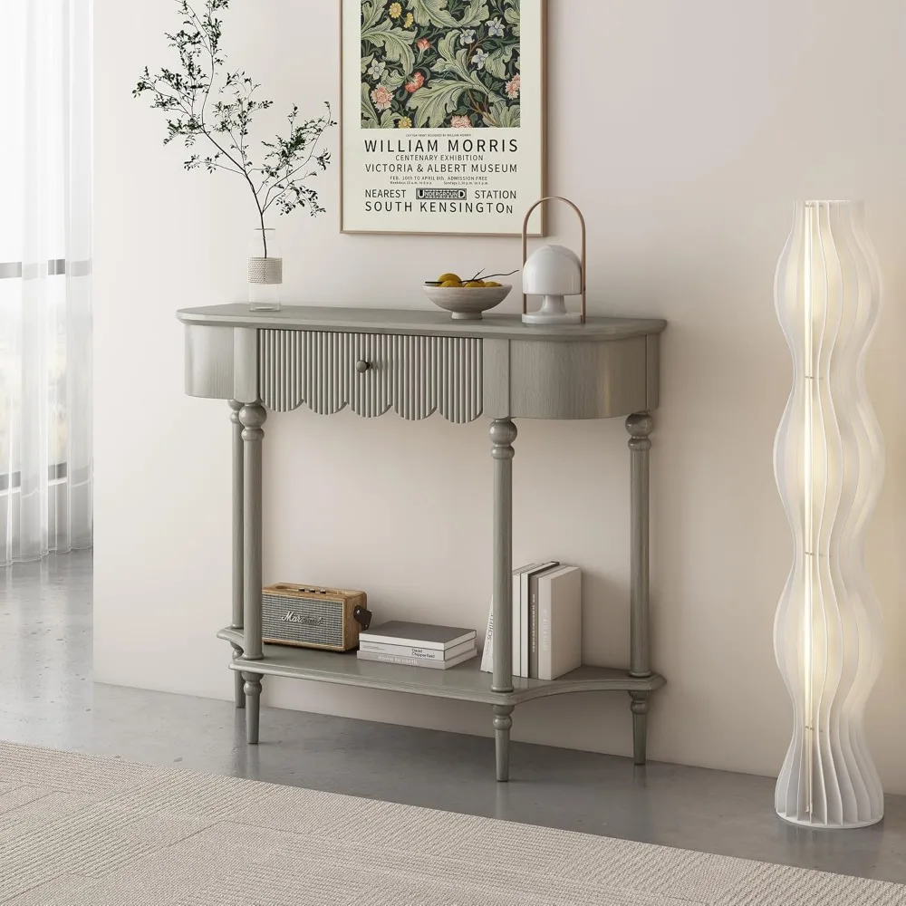 

Vintage Solid Wood Console Table with Drawer and Open Storage Shelf - French Curved Grey Entryway Table Sofa Table for Hallway