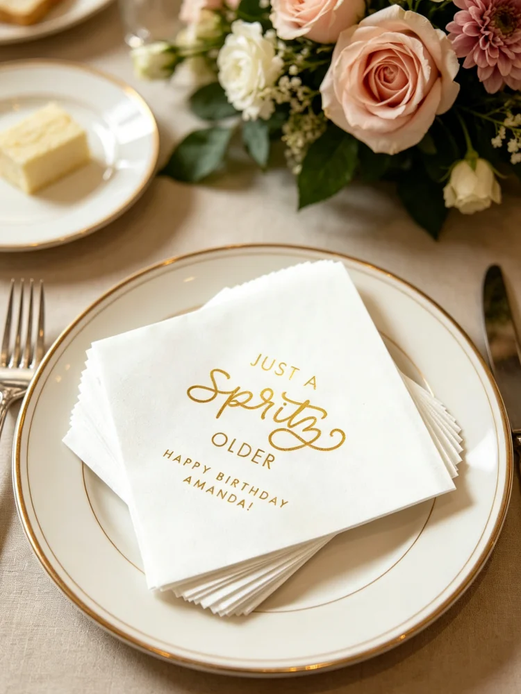 3-Ply Disposable Beverage Napkins Bulk Just a Spritz Older Gold Foil Printed Custom Birthday Party Table Favor Supplies