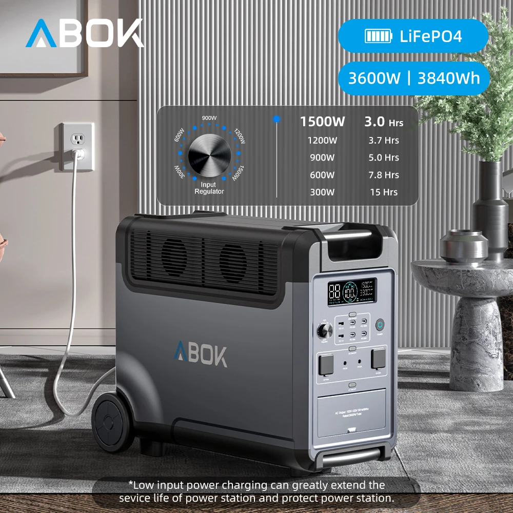 ABOK 3600W 3840Wh LiFePO4 Portable Power Station Solar Generator PD 140W USB-C QC3.0 XT90 12V Socket 2000W MPPT For Home Outdoor