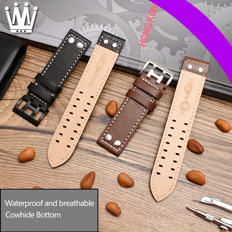 Genuine Leather Watchband for Hamilton Khaki Aviation Field Series Men\'s Watch Band Bracelte with Rivets Strap Brown 20mm 22mm