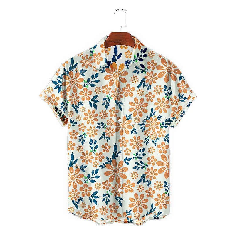 Camisa colorida de folhas de flores estampada em 3D masculina, manga curta, camisa de praia havaiana, blusa Aloha Lapel, moda casual, verão