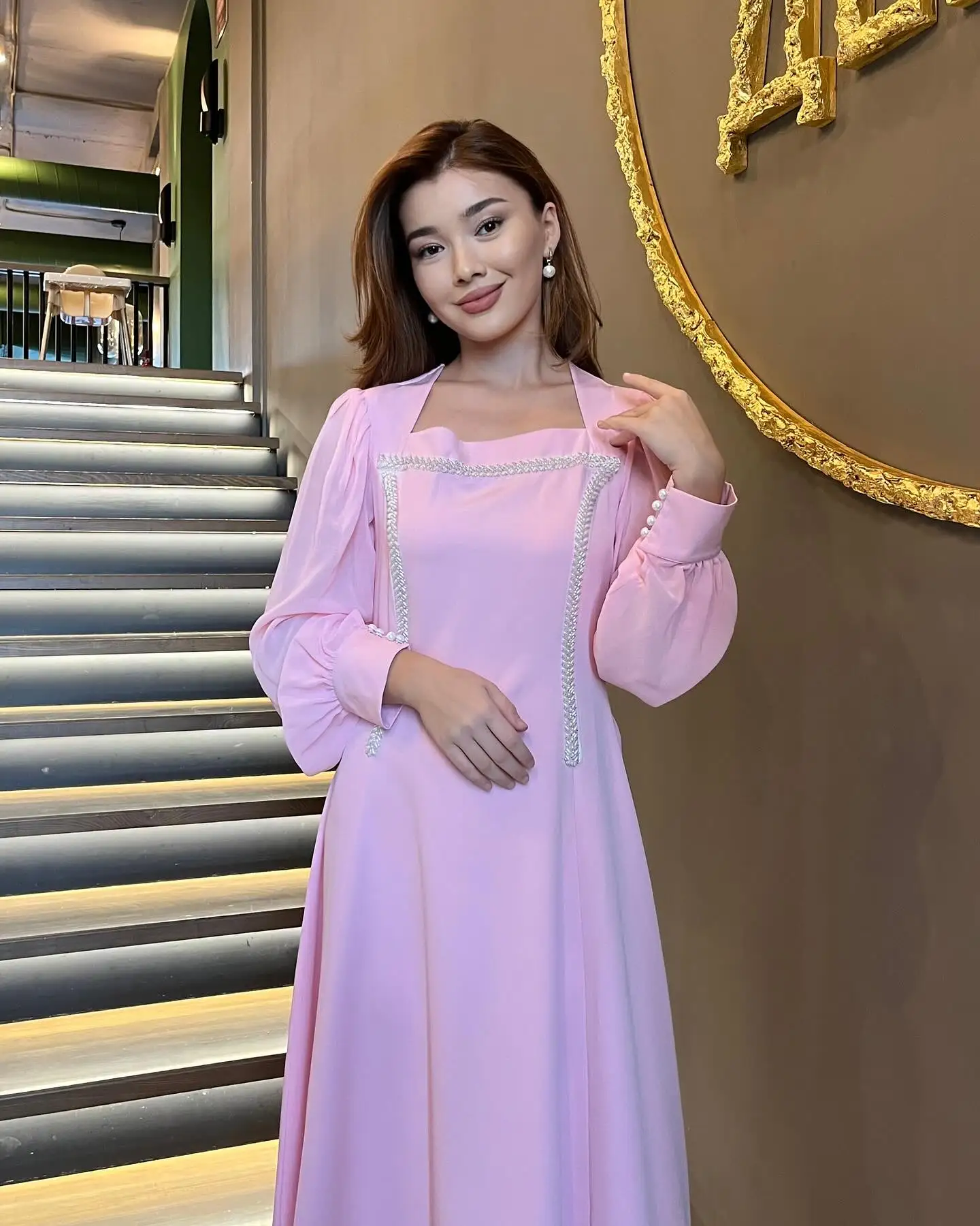 

Aenyrst Elegant A-line Pink Prom Dress Women Square Neck Diamond Buttons Party Evening Dresses Ankle Length Formal Occasion Gown