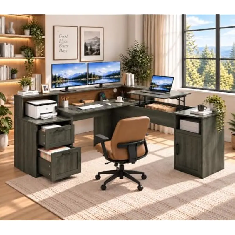60 Inch L Shaped Modern Desk with Motorized Lift Top Adjustable Standing Section Spacious Corner Workstation Engineered Wood Con