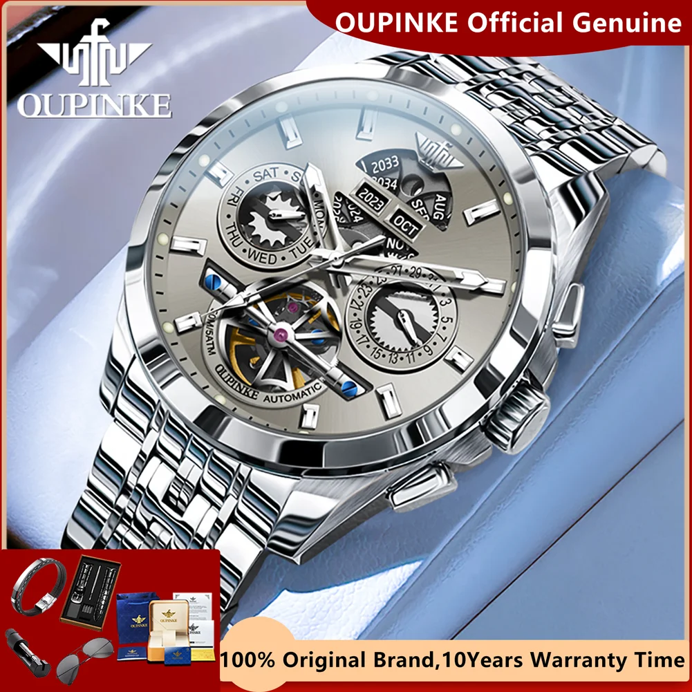 OUPINKE Original New In Men\'s Automatic Mechancial Watches Luxury Skeleton Classic Business Multi-functional Wristwatch for Men