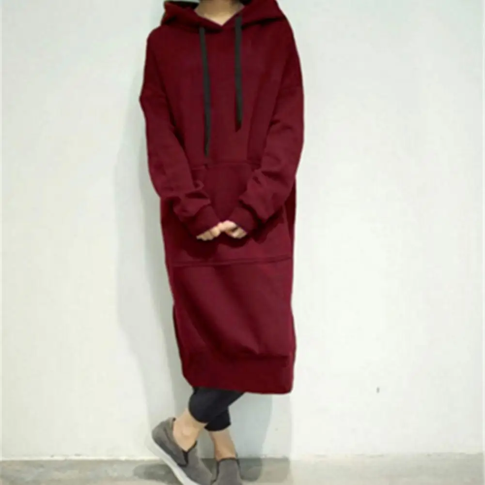 Hoodie Dress Patch Pocket Split Hem Solid Color Pullover Long Dress Casual Wear Winter Warm Drawstring Hooded Sweatshirt Women C