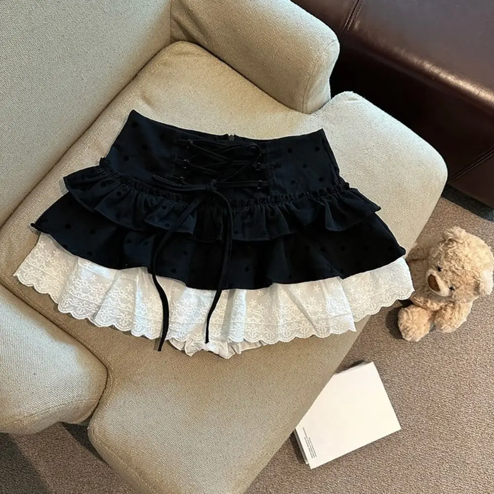 

Elegant Sweet Short Puff Skirt Lace Dot A-line Cake Shirt Short High Waist with Safty Pants Flounce Short Skirt Party