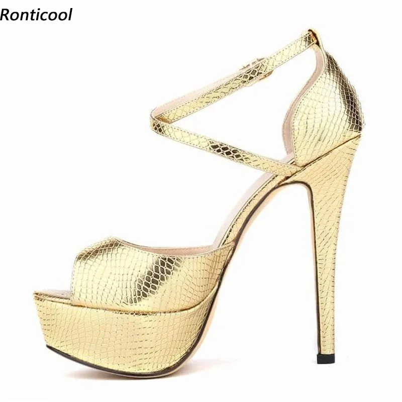 Ronticool New Women Platform Sandals Fish Scale Sexy Stiletto Heels Peep Toe Gold Silver Party Shoes US Plus Size 5-20