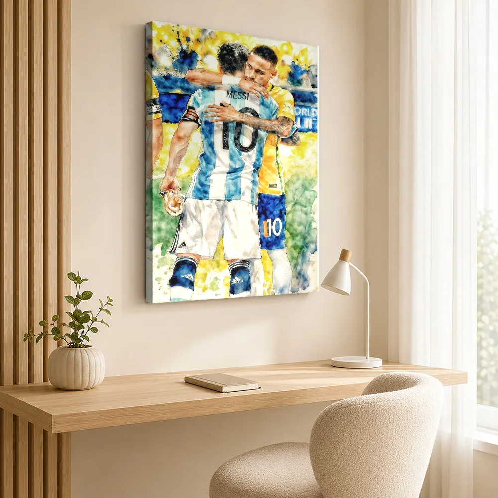 Messi and Neymar Embrace Framed Canvas Poster Personalized Photo Sports Portrait Wall Art for Office Decor Gift for Collectors