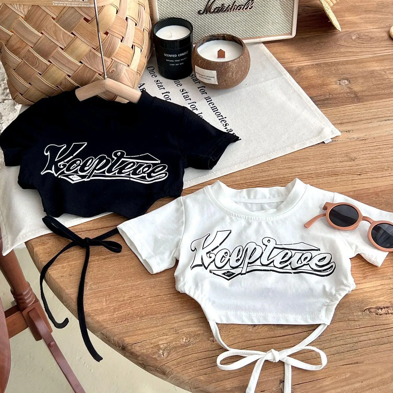 

Summer cotton short Girls T Shirt Baby Tee Shirt Kids Crop Top Children Clothes Fashion Letter Waist Adjustable Lacing Side 2-13