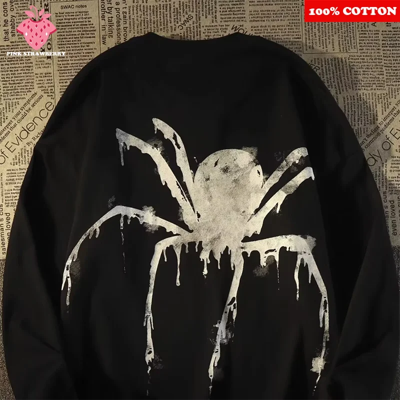 

American Street Spider Print T-shirt Men Autumn 2025 New 100% Cotton Oversize Long sleeves Tee Loose Casual Y2k Top Men clothes