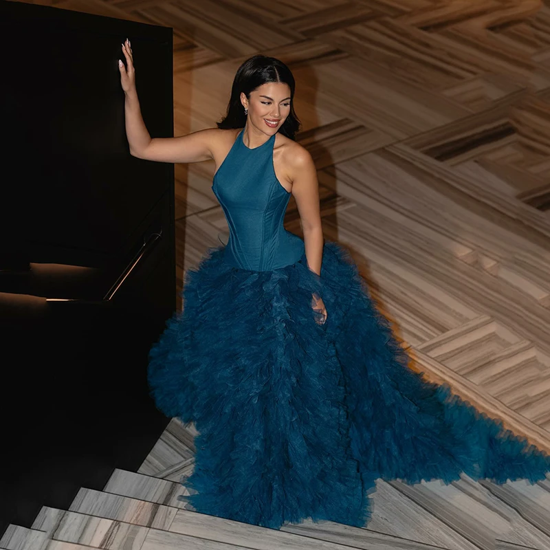 

OEING Elegant A-Line Prom Dress Navy Blue Halter Sleeveless Ruched Ruffle Formal Dress Floor Length Evening Dress Customized