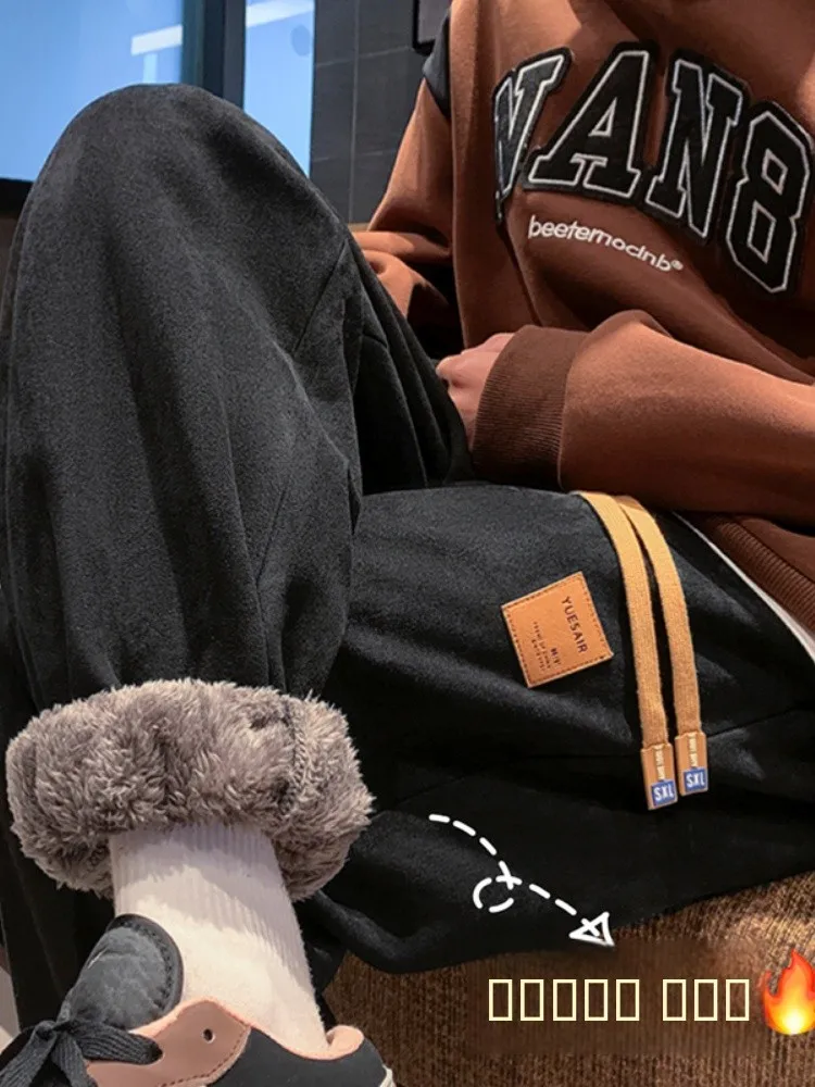 

Lamb Velvet Fce Lined Thiened Winter Sports Pants for Men Loose Fit Cuffed American Casual Sle Trendy Cotton Trousers