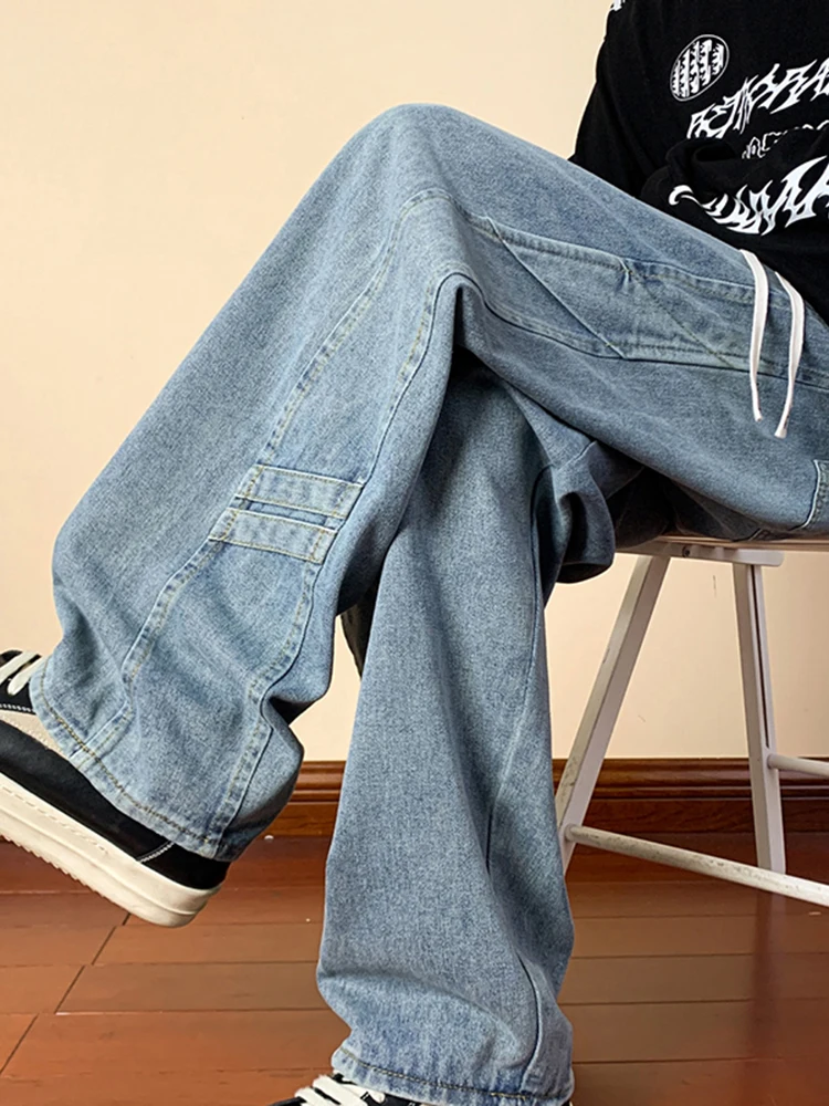 

American Sle Patchwork Jeans Men's Trendy Casual Work Pants Youth Straight Leg Wide Leg Large Size Leisure Long Pants