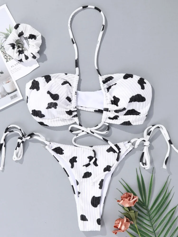 Bikini damskie Strój kąpielowy 2025 Nowy nadruk krowy mlecznej Zestaw bikini z halterem Seksowne stroje kąpielowe Letni prążkowany 2-częściowy kostium kąpielowy dla kobiet