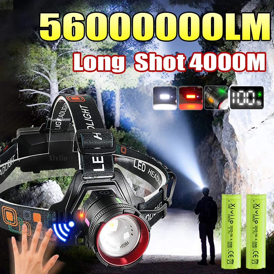 

Сверхмощный налобный фонарь 5600000LM с ИК-датчиком, сверхъяркий светодиодный налобный фонарь, дальность 4000 м, уличный налобный фонарик 18650