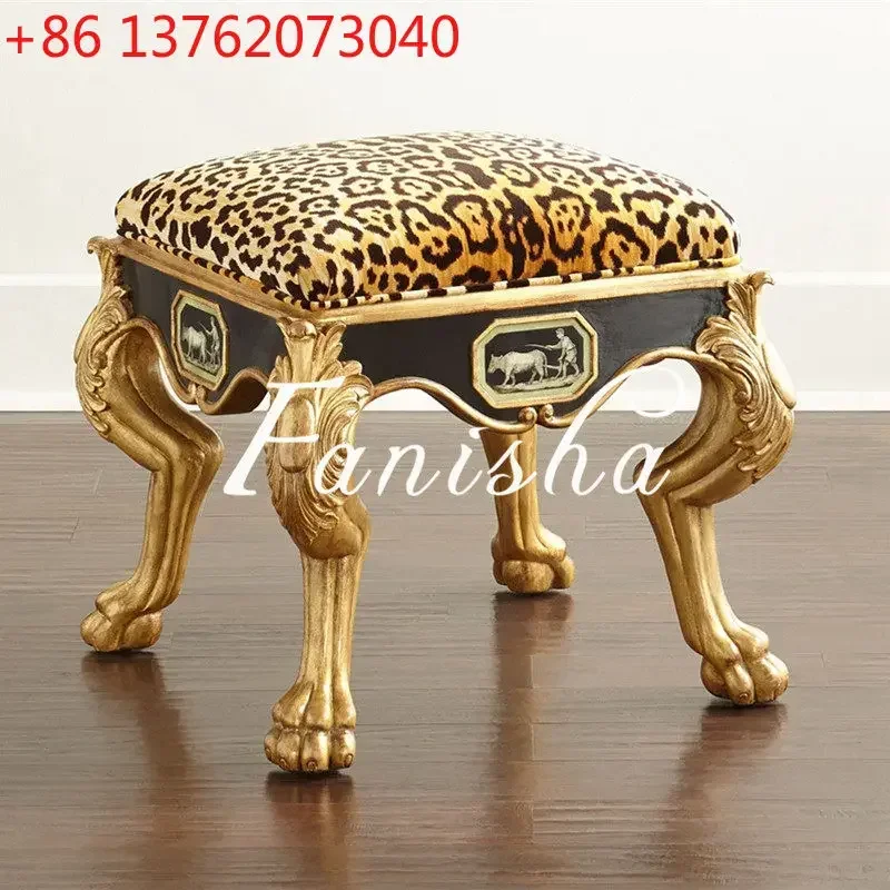 European court neoclassical solid wood light luxury carving bedroom end stool French leopard print