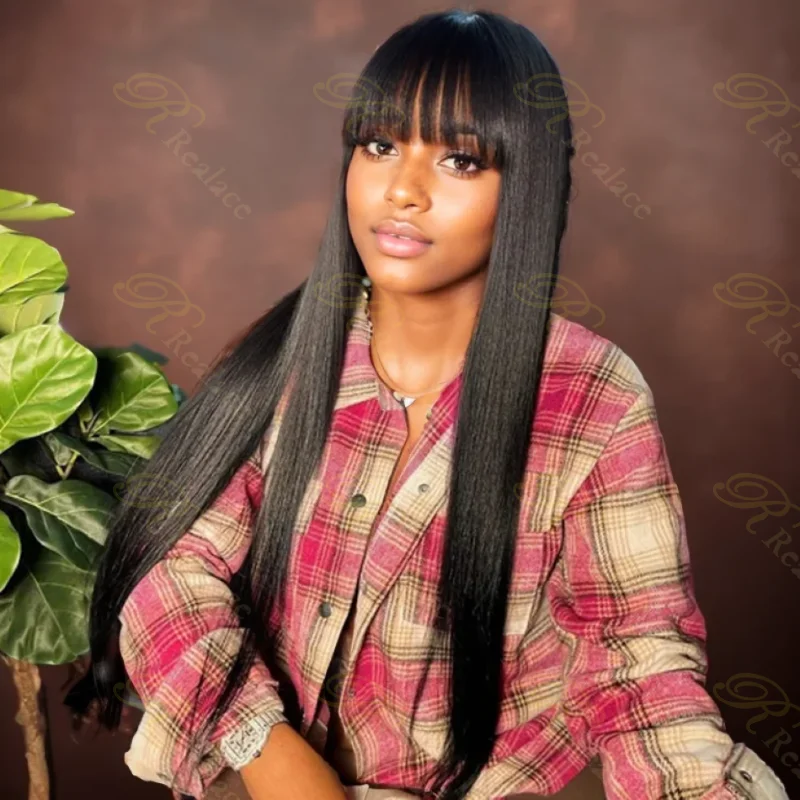 

Bone straight Full Machine Made Wig With Bangs None Lace Frontal Wigs For Women Choice Brazilian Long Glueless Wigs Human Hair