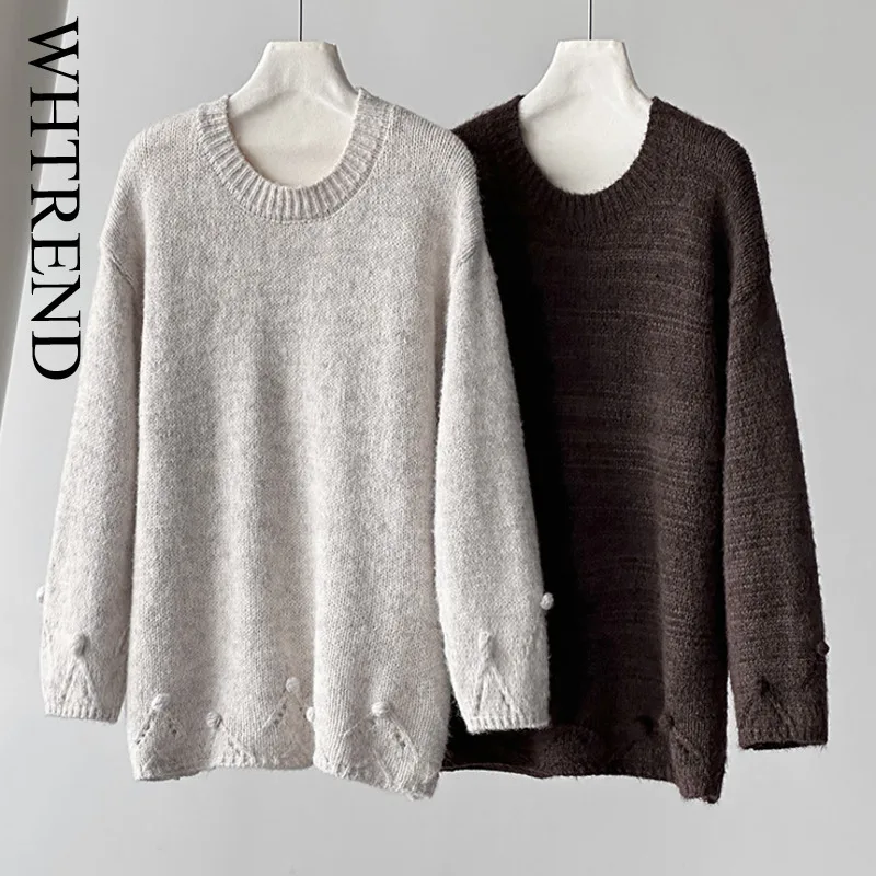

WHTREND Minimalism Loose Casual Round Neck Sweater For Women Long Sleeves Knitted Pullover Top Autumn Winter WH2042