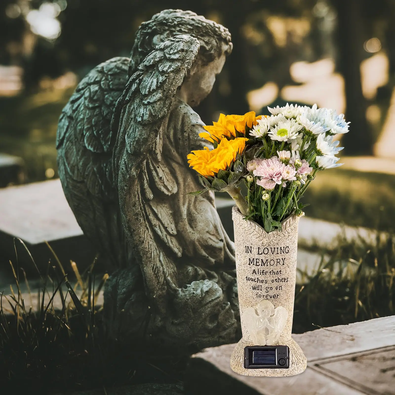 Solar Cemetery Vase with Led Light Grave Decorations for Cemetery Memorial Gifts Angel Statues Outdoor Garden Stake Waterproof