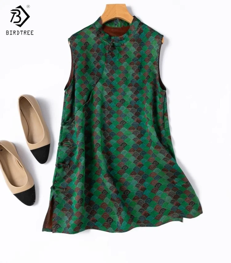 

Летний жилет из 100% шелка Birdtree, женский жилет с воротником-стойкой и лягушкой средней длины, зеленый жилет с принтом, новинка 2025 T55738JF