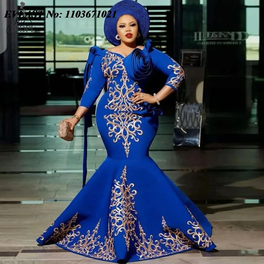 

EVLAST Customized Royal Blue Arabic Mermaid Prom Dress Long Satin 3/4 Sleeve Formal Occasion Dress Aso Ebi Prom Party Gown P148