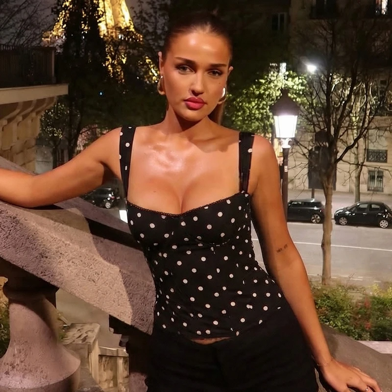 Hugcitar Polka Dot Print Straps Square Collar Backless Ruched Sexy Crop Tank Top Sommer Damen Elegant Y2K Outfit Party Urlaub – Detail 22