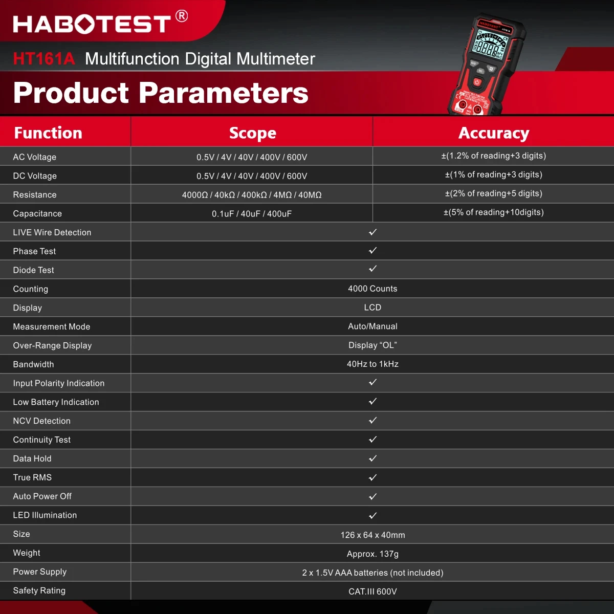 Multímetro Digital Inteligente HT161A, Medidor de Voltaje CA/CC, NCV, Capacitancia, Resistencia, Prueba de Continuidad, Rango Automático, Profesional para Electricistas