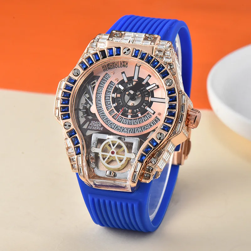 Men\'s three-hand quartz watch fashion sporty special-shaped blue full diamond watch