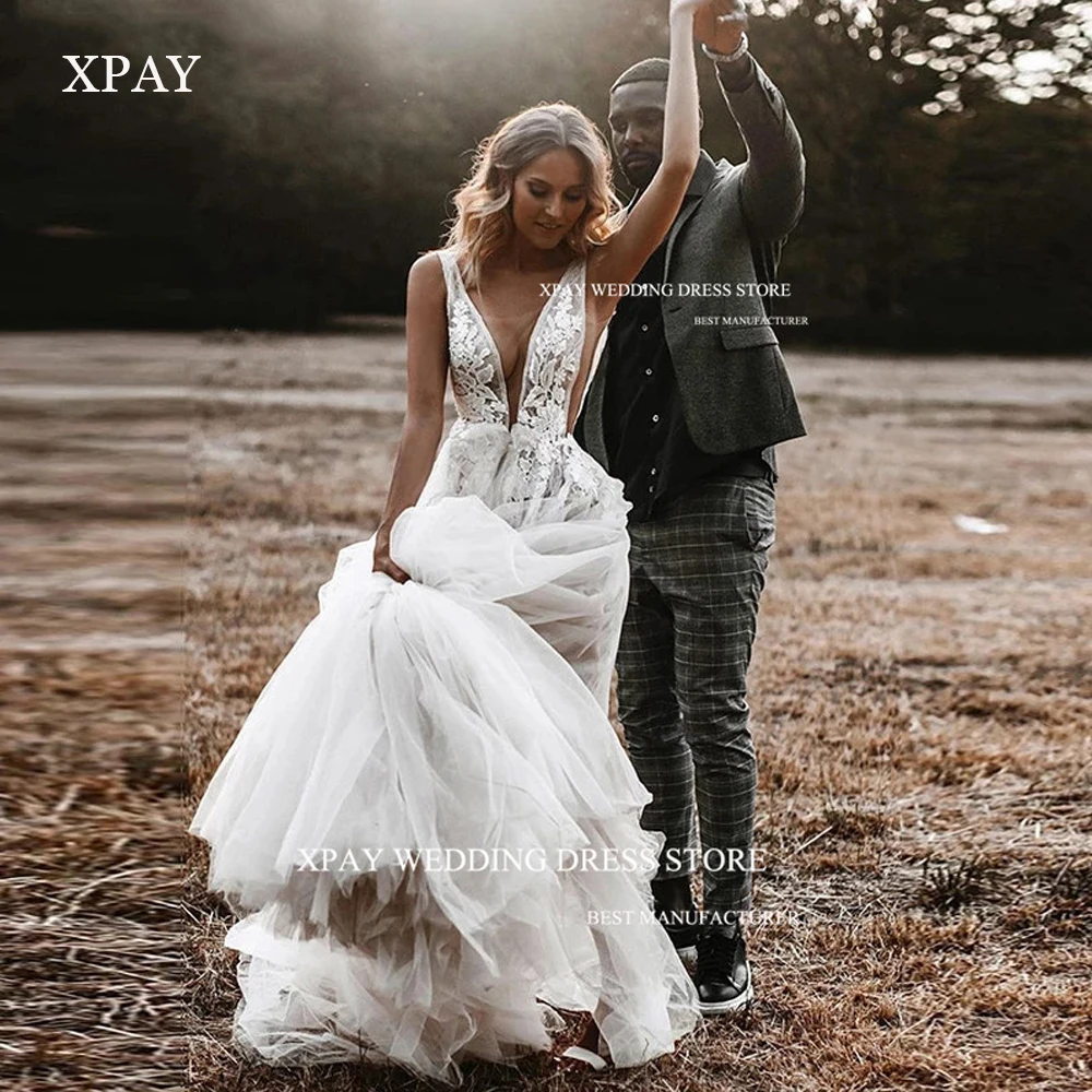 

XPAY Boho A Line Wedding Dresses Sexy V Back V Neck Lace Applique Tulle Country Bridal Gowns Ilusion Bride Dress Mariage