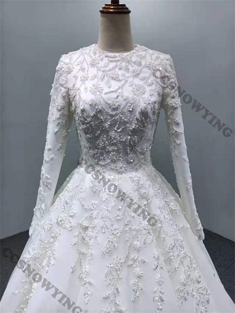 Elegante Appliques Kralen Moslim Trouwjurk Voor Bruid Lange Mouw Islamitische Bruidsjurken Ronde Hals Vrouwen Arabic Robe De Mariée