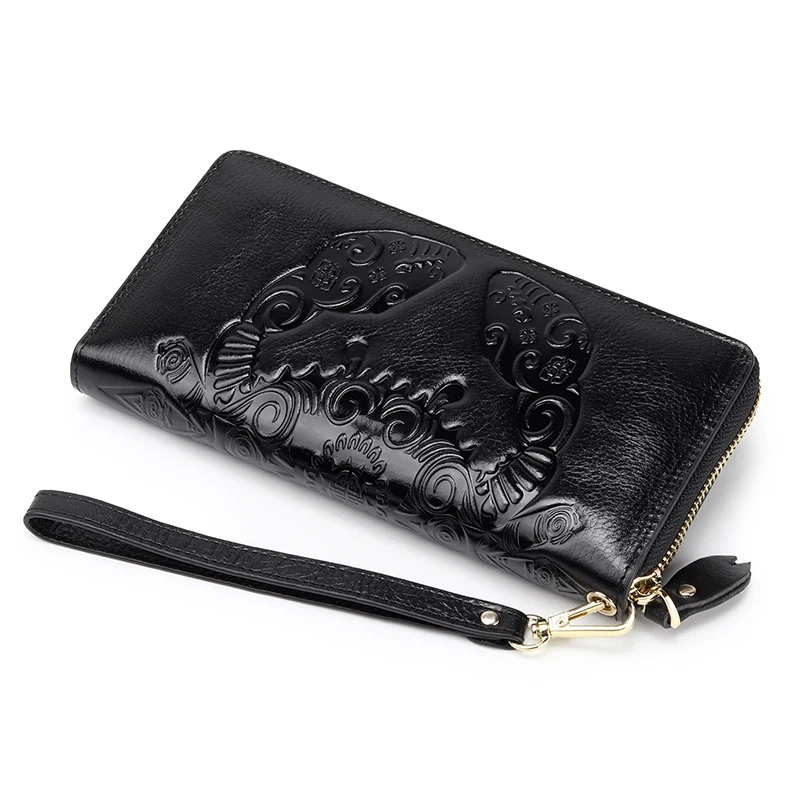 High Quality Genuine Cow Leather Women Long Wallets Crab Embossed Green/Blue/Black Money Collect Card Holder Wallets Clutches