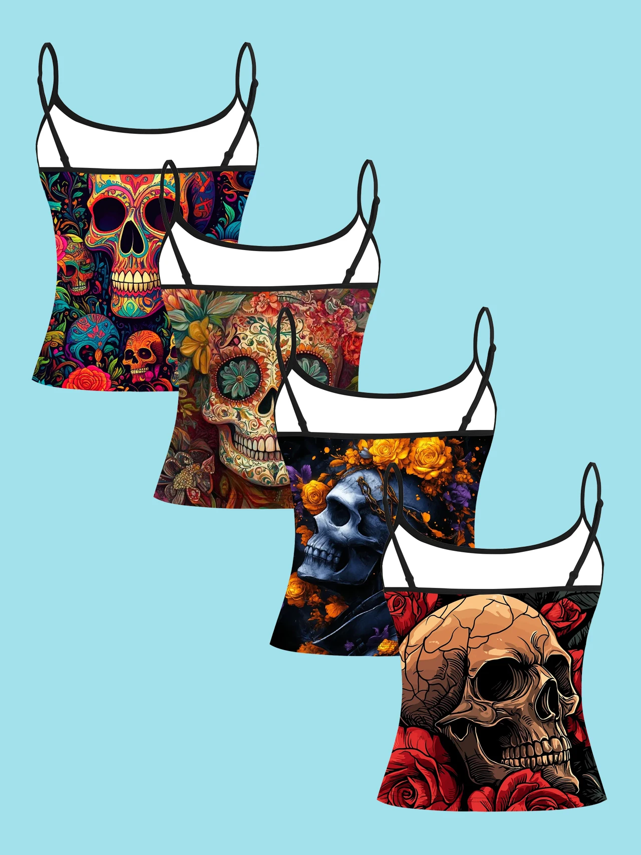 4-Piece Set of Mexican Day of the Dead Colorful Floral Sugar Skull Print Camisole Tops for Women, Vintage Art Spaghetti Strap Slim-Fit Inner Wear Tops