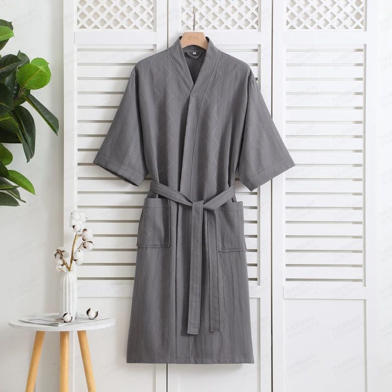 Waffle Bathrobe for Men, Thick Absorbent Bath Robe, Monochrome Dressing Gown, 100% Cotton, Male Spring and Autumn, Top Quality