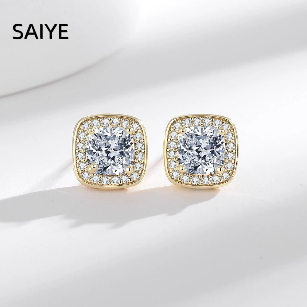 925 Sterling Silver Cushion Cut Halo Stud Earrings, Square CZ Diamond Simulant Earrings for Women, Gold & Silver Plated Jewelry
