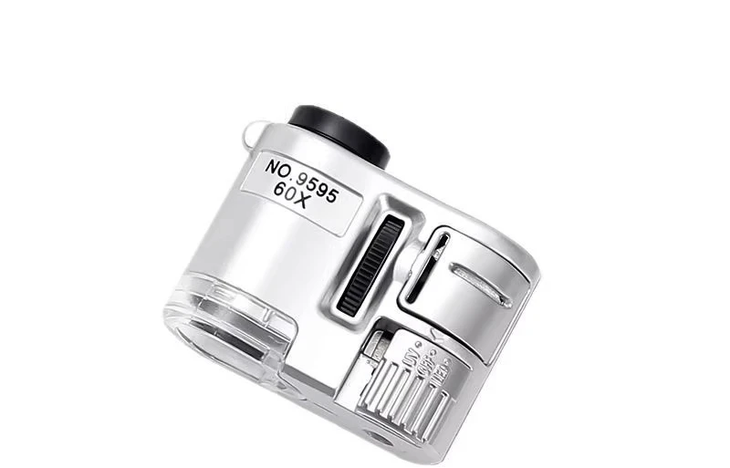 Lupa powiększająca 60x do oceny i fotografowania antyków, biżuterii i jadeitu; mini i przenośna z regulowanym oświetleniem