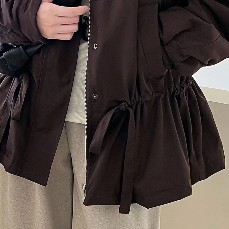 EAEOVNI Fashion Winter Down Jacket Women Warm Drawstring Pleated Design Zipper Lapel Solid Color Coat 2025 New Clothing