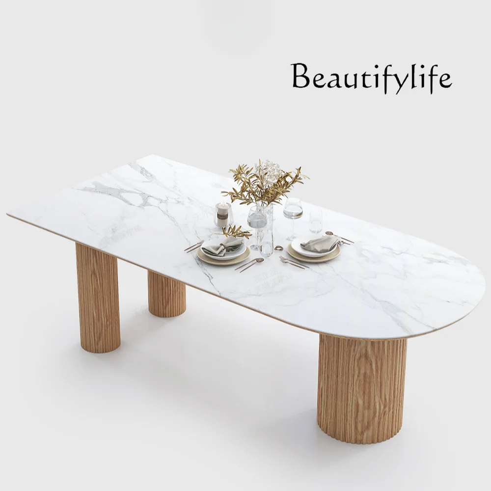 Stone Plate Solid Wood Dining Tables and Chairs Set Nordic Household Bright Semi-Guide Dining Table Log Cream Style