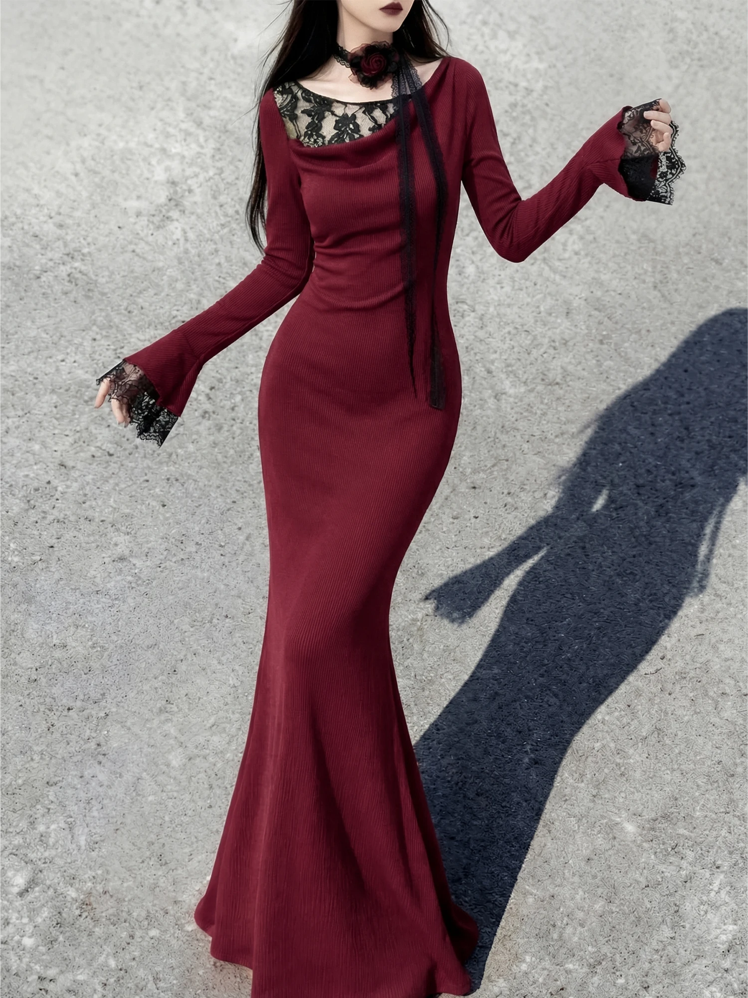 

Red Bla Lace Knitted Long Sve Dr Pure Desire k Sle Women's Clothing Waist Cinched Bodycon Dr for Traveling