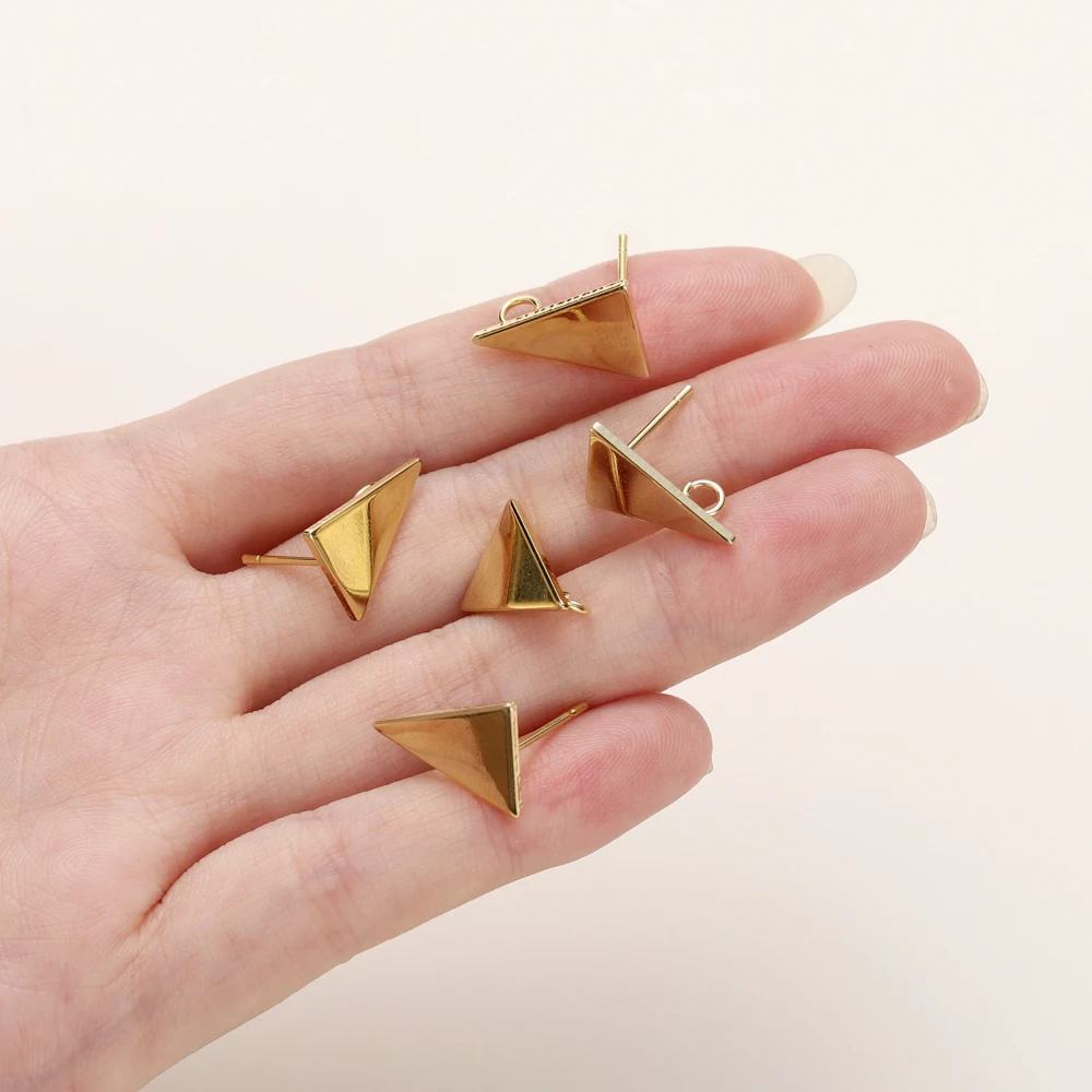 Pendientes de botón triangulares de Latón chapado en oro de 18K, 10x15MM, accesorios de joyería DIY de alta calidad, 10 unidades por lote