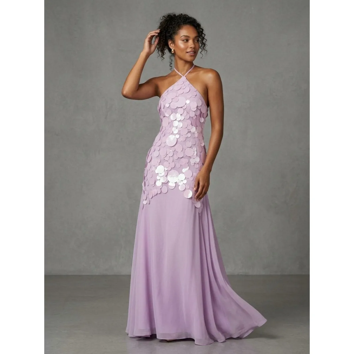 Lavender Sequin Halter Maxi Dress Luxury Sparkly Circle Paillette Evening Gown Elegant Prom Party Dress for Women YD261003