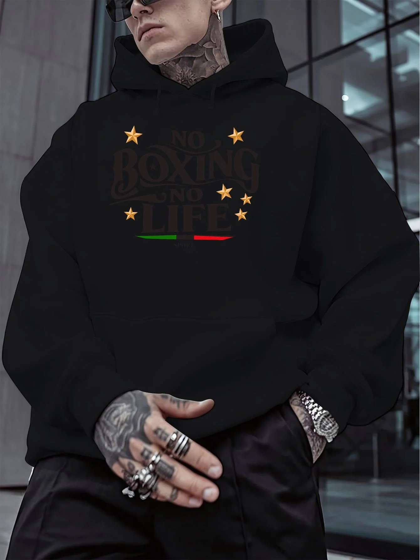 Herren-Hoodie „No Boxing No Life“ Grafik-Kapuzenpullover Vintage-Schriftzug-Stern-Print Italienische Flagge Farbiger Pullover Hoodie Boxen Sport Streetwear – Detail 4