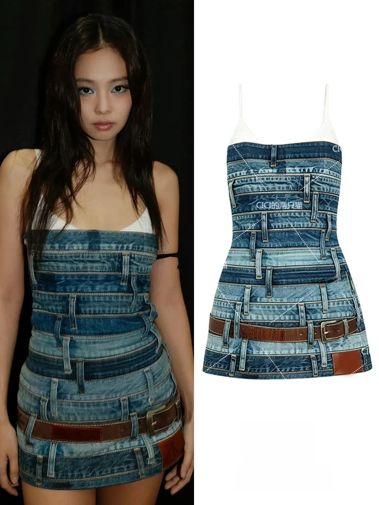 Jennie Multi-Bow Tie Denim Backless Tube Dress Performance Costume Women's Ethnic Stage Performance Clothing