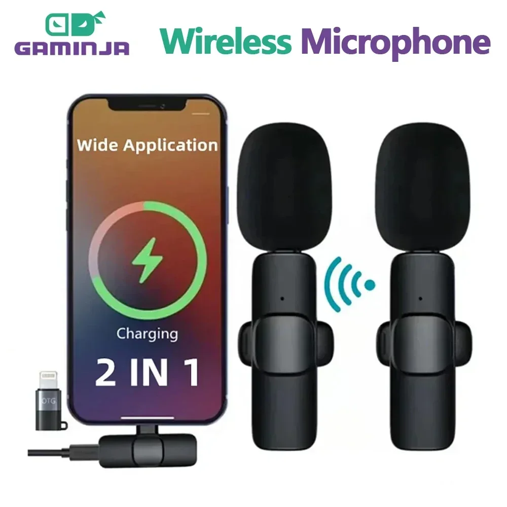 GAMINJA Wireless Lavalier Microphone Portable Audio Video Recording Mini Mic For iPhone Android Long battery life Live Broadcast