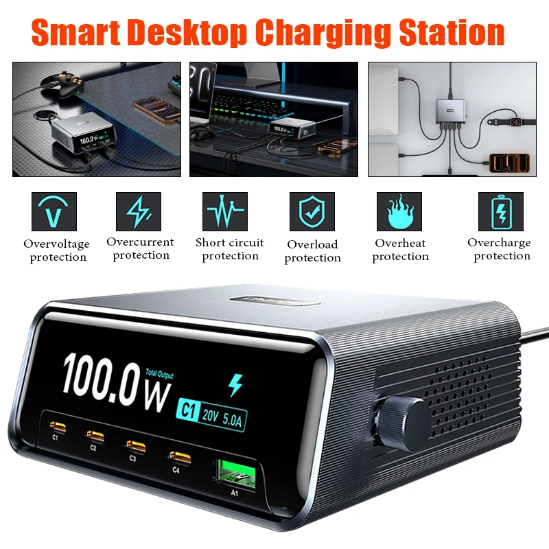 

265W Smart Multi Port Charger Desktop Charger Fast Charging Intelligent Display USB-C 5-Port 4C1A Fast Charge for Phones Tablets